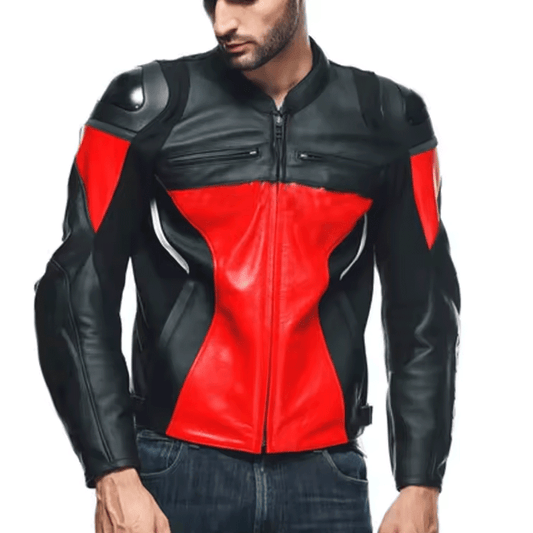 A man wearing a red and black leather motorcycle jacket with a mandarin collar, body armor pockets, and distinctive orange stripe design.