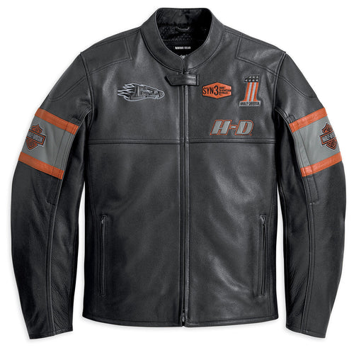 A black leather motorcycle jacket with orange accents and embroidered graphics on the arms and back. It features a zipper front, zipper cuffs, and pockets.