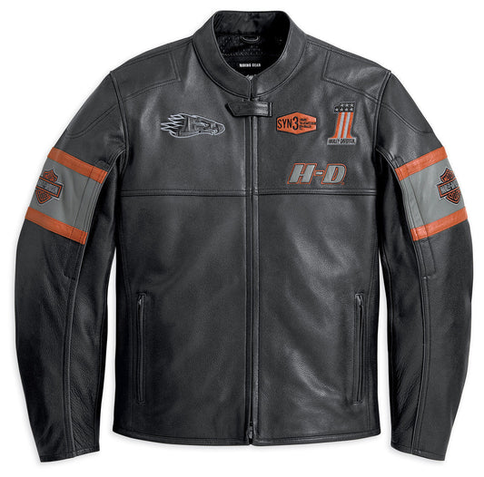 A black leather motorcycle jacket with orange accents and embroidered graphics on the arms and back. It features a zipper front, zipper cuffs, and pockets.