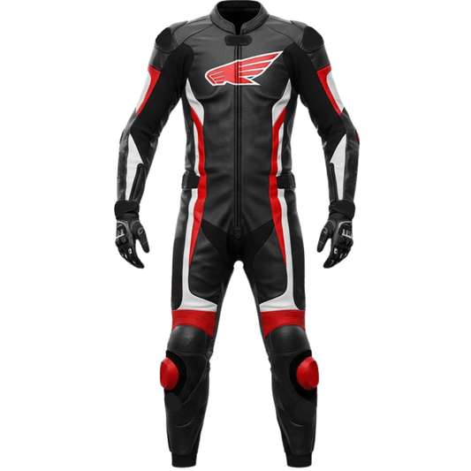 Honda leather motorcycle racing suit showing premium leather, CE armor, and ergonomic fit.