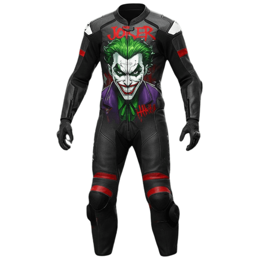 Front view of Joker-themed motorcycle leather suit with CE-certified armor
