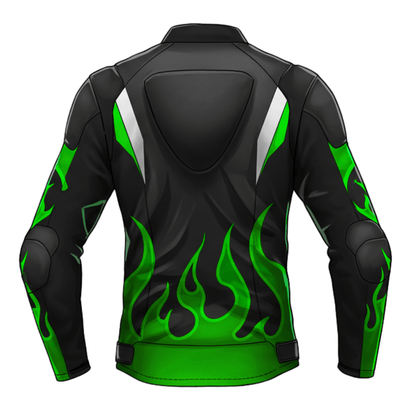 Back view of Kawasaki-themed motorcycle jacket featuring green flame accents and protective padding.
