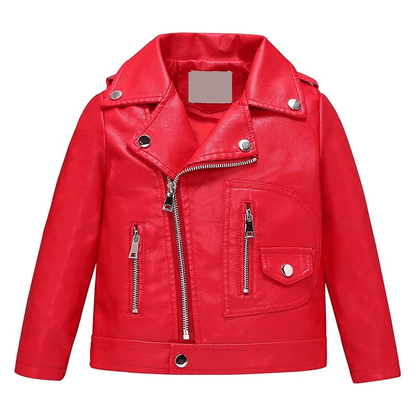 A red leather motorcycle jacket for kids with a zipper and CE approved padding at the elbows, shoulders, and back.