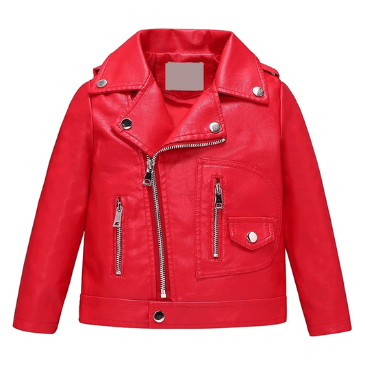 A red leather motorcycle jacket for kids with a zipper and CE approved padding at the elbows, shoulders, and back.