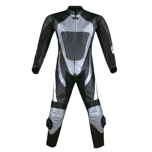 A black and silver motorbike leather suit with Schoeller Keprotec stretch inserts and a mesh lining.