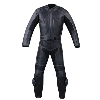 A black one-piece leather motorbike suit with metal armor inserts on the back and thighs, featuring a high collar, long sleeves, and reinforced sections.