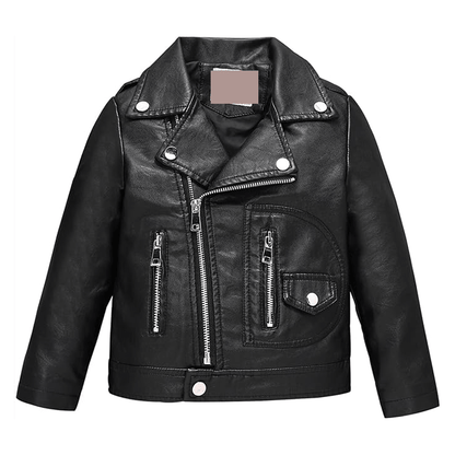A black leather motorcycle jacket for kids with a zipper and CE approved padding at the elbows, shoulders, and back.