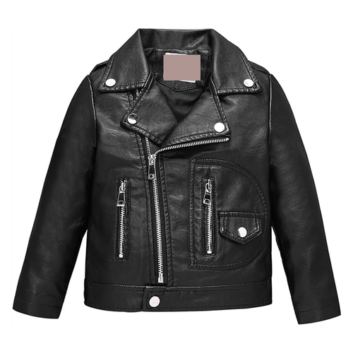 A black leather motorcycle jacket for kids with a zipper and CE approved padding at the elbows, shoulders, and back.