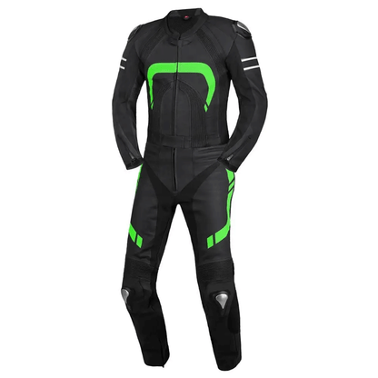 A black leather motorbike suit with green and gray accents, featuring metal armor and air vents.