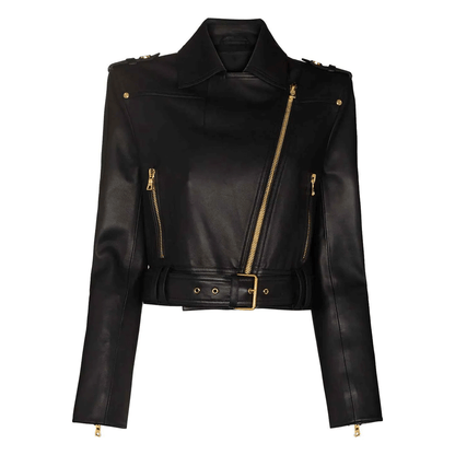Black leather motorcycle jacket with gold-tone zippers and padding at the elbows, shoulders, and back.