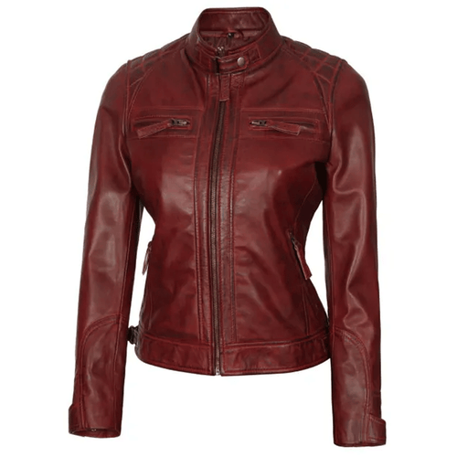 A red leather motorcycle jacket with a mandarin collar, zipper details, and front pockets.