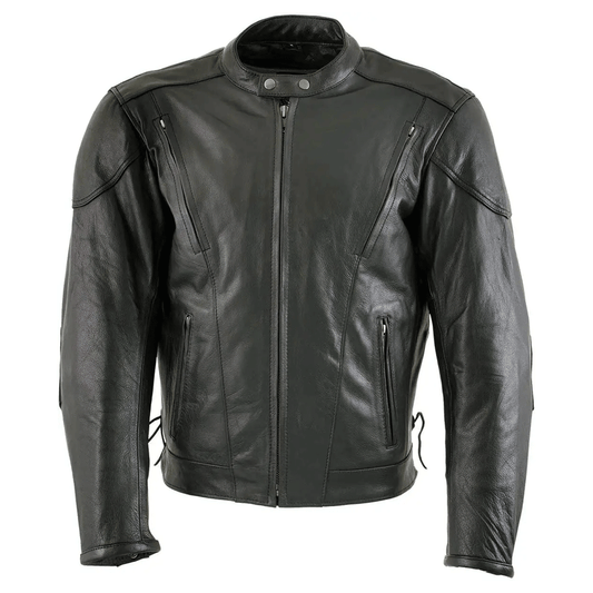 A black leather motorcycle jacket with a standing collar, zipper front, and embroidered leather applique on the arms and back.