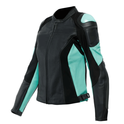 Women's motorcycle jacket with black, blue, and green leather panels on a mannequin torso.