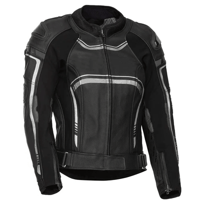 A black leather motorcycle jacket with embroidered leather applique graphics, pockets at elbows and shoulders, and a distinctive orange stripe design.