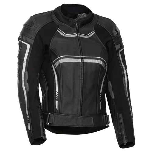 A black leather motorcycle jacket with embroidered leather applique graphics, pockets at elbows and shoulders, and a distinctive orange stripe design.