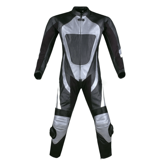 A motorcycle leather suit featuring silver and black panels with metal armor and air vents, designed for professional racing.