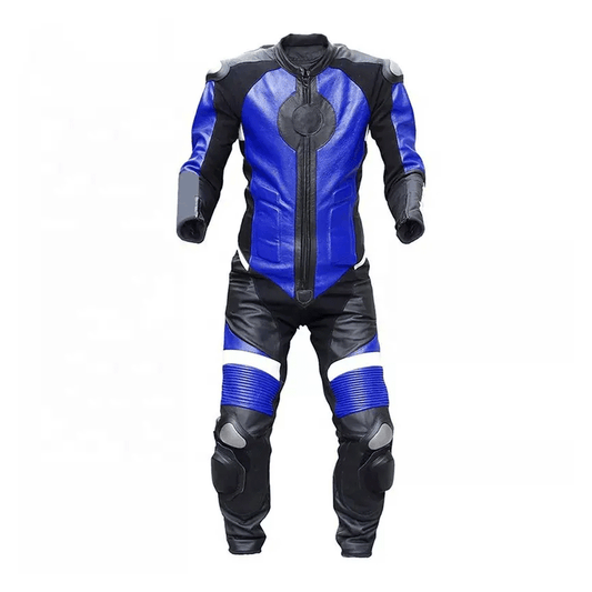 A motorcycle race suit featuring blue and black panels with metal armor and air vents, with a professional race fit design.