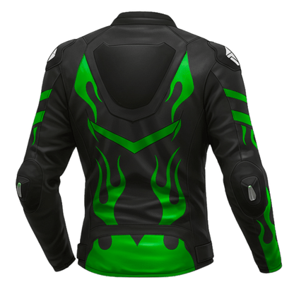 Back view of a Kawasaki motorcycle jacket featuring green flame graphics.
