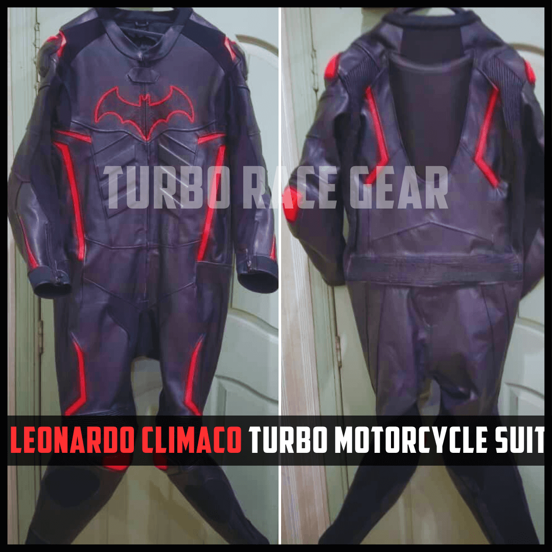Motorcycle suit with red accents on a white background, labeled 'Turbo Race Gear'.