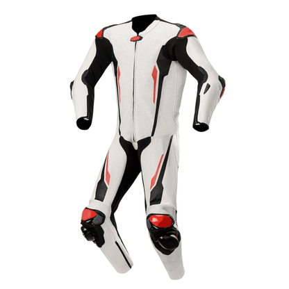 A white motorcycle race suit with black and red accents, featuring metal armor protectors on the back and thigh.