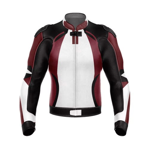 A brown and black leather motorcycle jacket with a distinctive orange stripe design, featuring pockets at elbows and shoulders, and embroidered leather applique graphics.