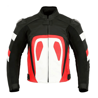 A black and red motorcycle leather jacket with white accents and distinctive orange stripe design, featuring a front zipper and pockets at the elbows and shoulders.