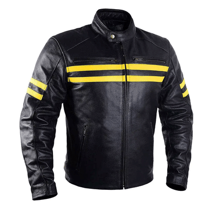 A black leather motorcycle jacket with distinctive orange stripes design, featuring a front zipper, pockets at elbows and shoulders, and embroidered leather applique graphics.