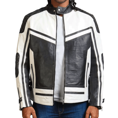 A man wearing a silver and black leather motorcycle jacket with embroidered leather applique graphics, featuring a front zipper and pockets on the elbows and shoulders.