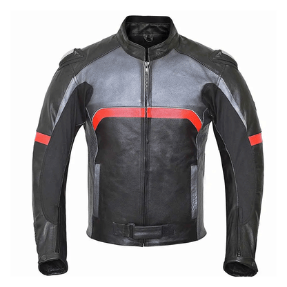 A black leather motorcycle jacket with red and gray accents, a front zipper, and pockets on the elbows and shoulders.
