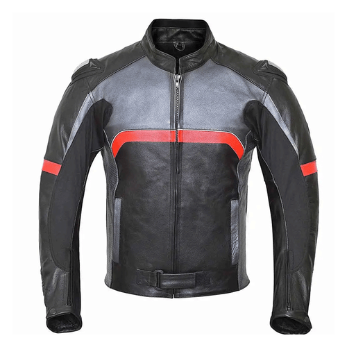 A black leather motorcycle jacket with red and gray accents, a front zipper, and pockets on the elbows and shoulders.