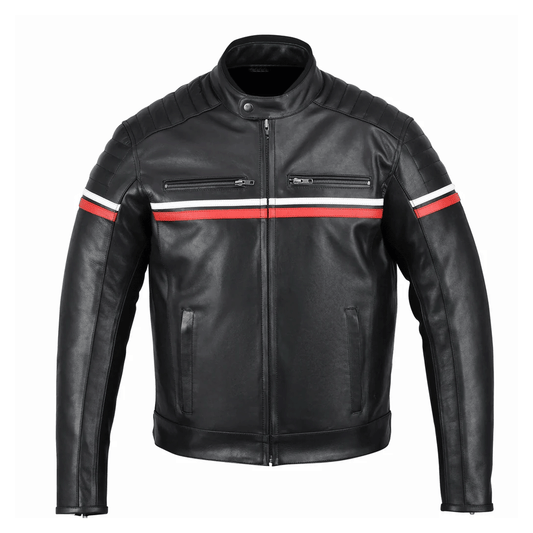 A black leather motorcycle jacket with a red and white stripe on the sleeves, a mandarin collar, and front zipper pockets.