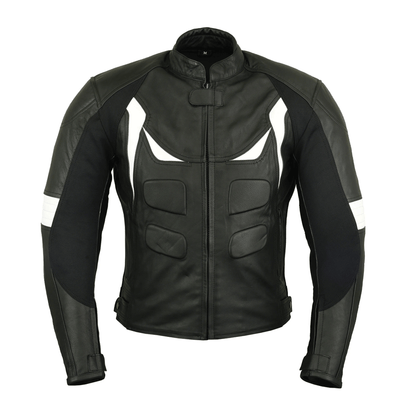 A black leather motorcycle jacket with white and orange accents, embroidered leather applique graphics, and multiple pockets.