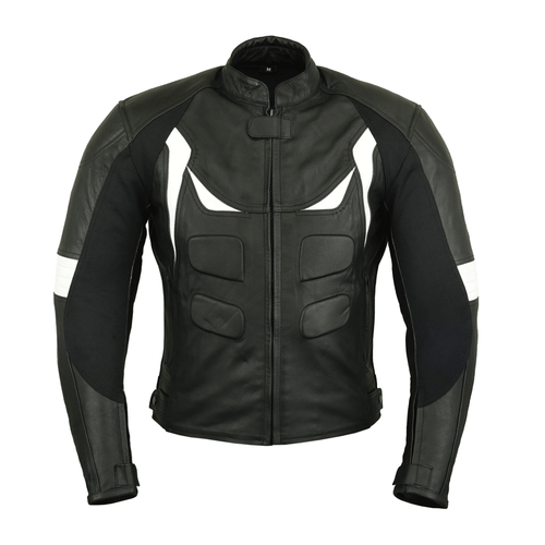A black leather motorcycle jacket with white and orange accents, embroidered leather applique graphics, and multiple pockets.