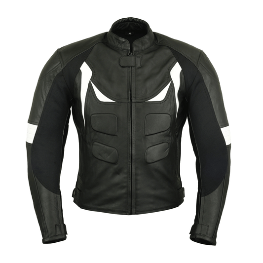A black leather motorcycle jacket with white and orange accents, embroidered leather applique graphics, and multiple pockets.