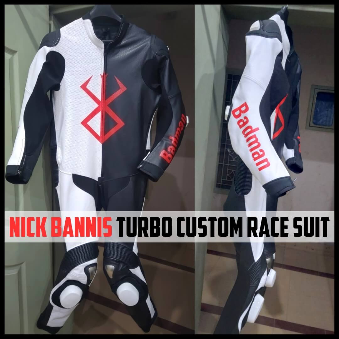Motorcycle racing suit with 'Badman' branding on a plain background