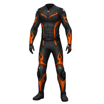 Black and orange motorcycle suit on a white background