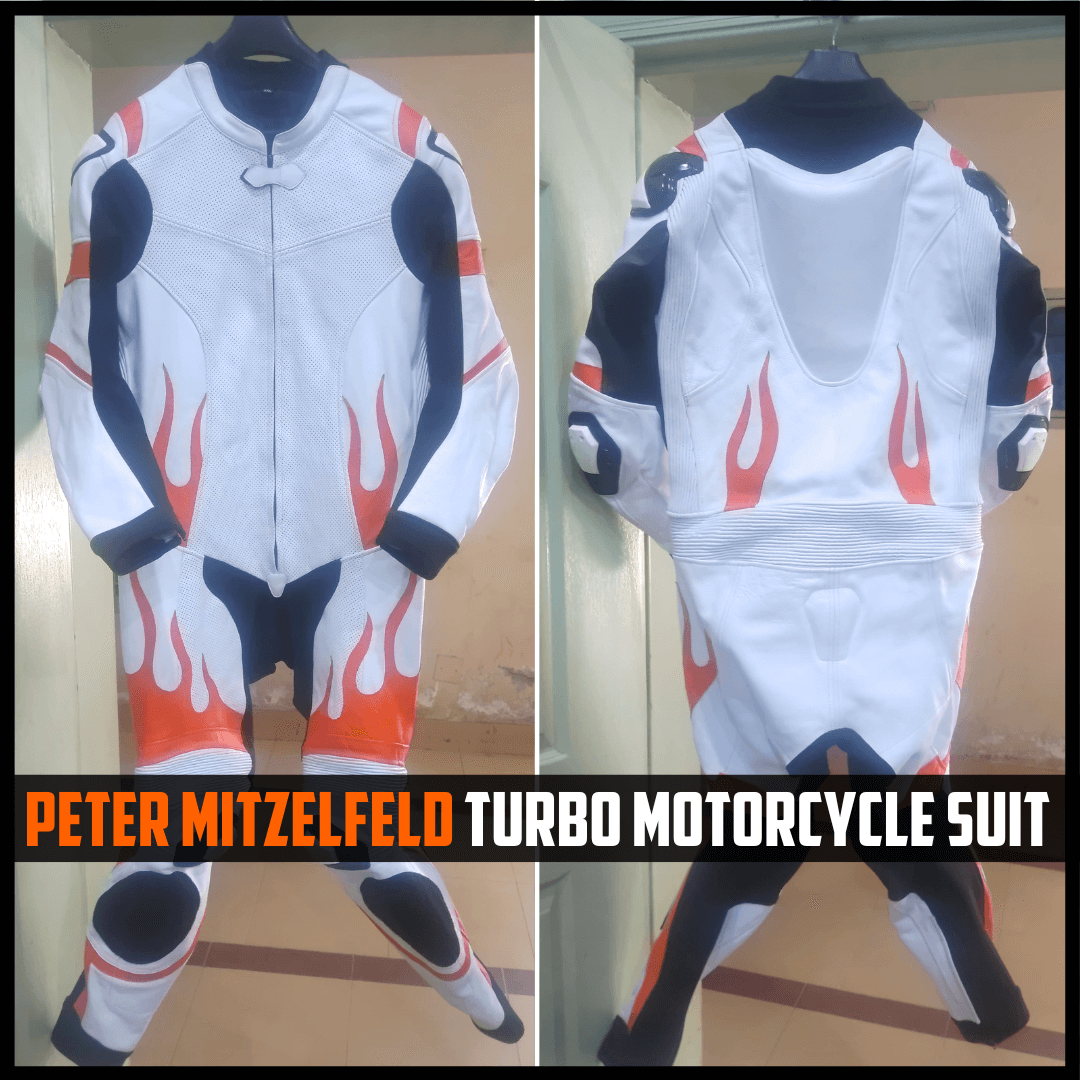 Turbo motorcycle suit with flames on a hanger against a neutral background