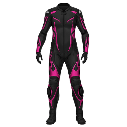 Black and pink motorcycle racing suit on a white background