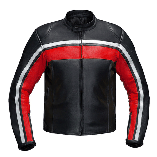 A red and black motorcycle leather jacket with long sleeves, featuring a snap collar, zipper pockets, and adjustable cuffs.