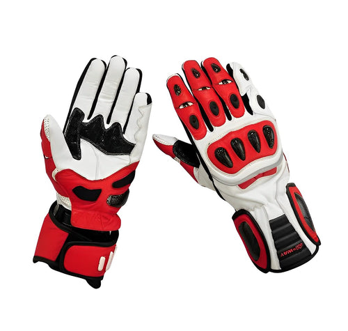 A pair of white and red motorcycle gloves with carbon fiber knuckle protectors and perforated leather design.