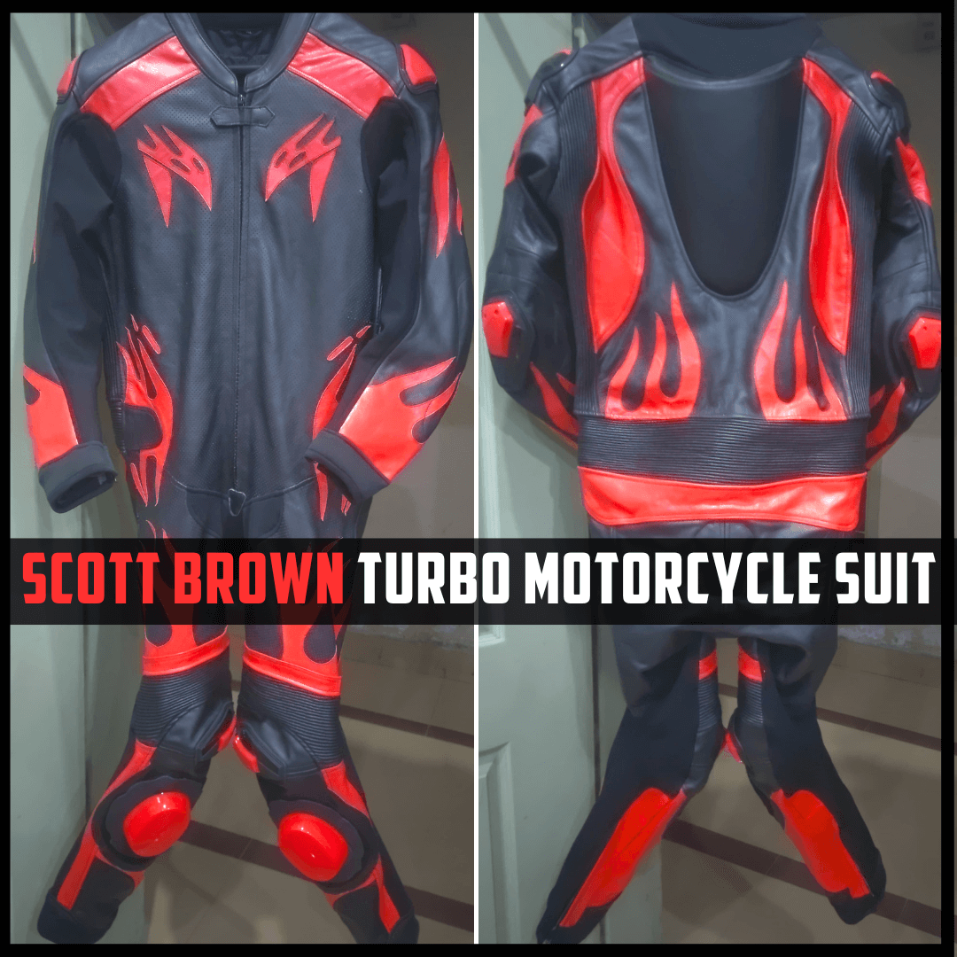 Black and red motorcycle suit with flames, Scott Brown Turbo branding.