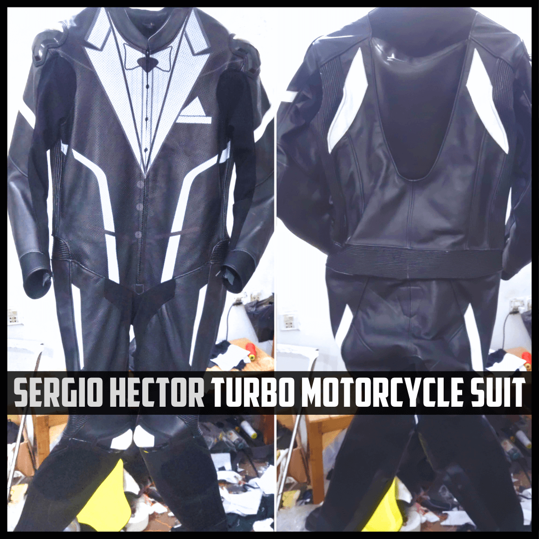 Motorcycle suit with white accents on a plain background, labeled 'Sergio Hector Turbo Motorcycle Suit'.