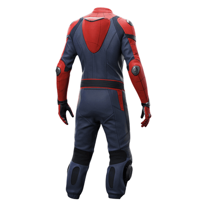 Red and blue motorcycle suit on a white background