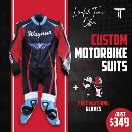 A custom motorcycle suit and matching gloves with a brand logo on the chest, predominantly in black with red, white, and blue accents, and a 'Limited Time Offer' tag.