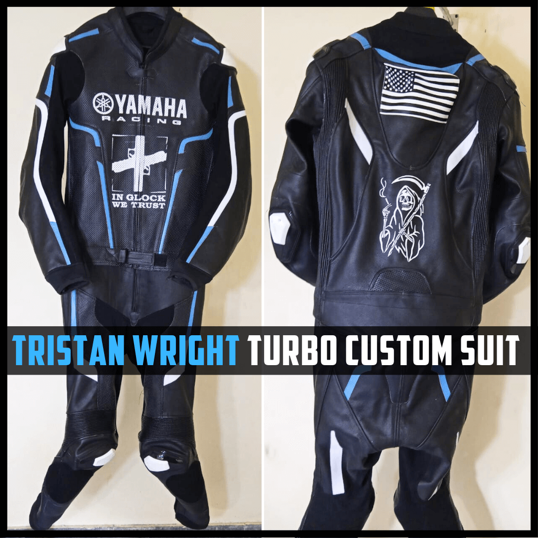 Motorcycle racing suit with Yamaha branding and American flag design on a plain background