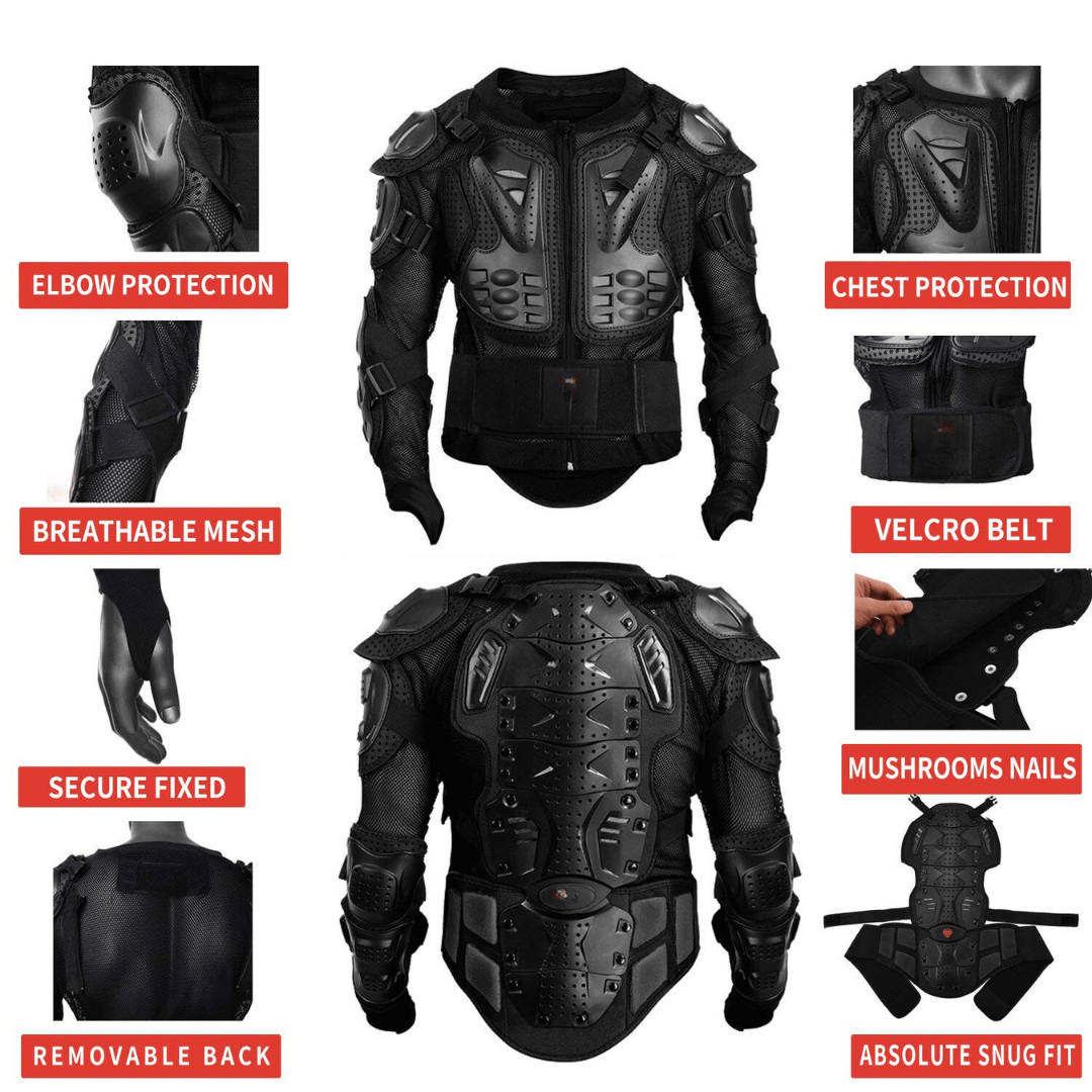 Rider wearing motorcycle body armor jacket