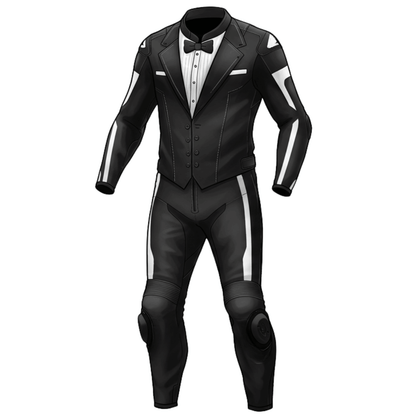 Black leather motorcycle suit with white accents on a white background