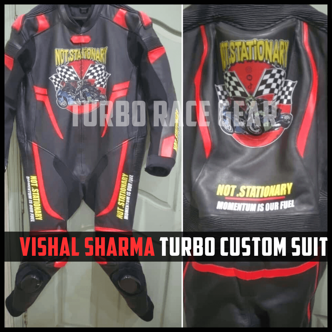 Motorcycle racing suit with 'Vishal Sharma Turbo' branding and design on a plain background.