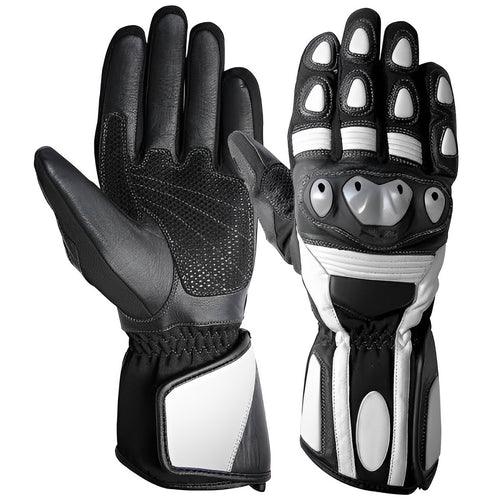 A pair of black and white motorcycle gloves with carbon fiber protectors on the knuckles and fingers.