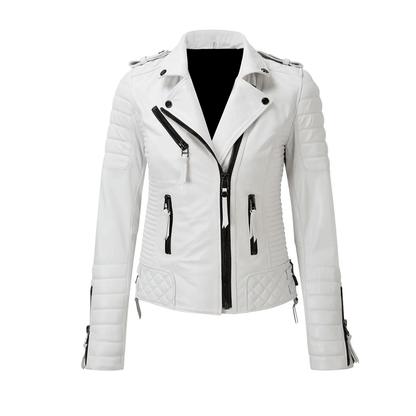 A white leather motorcycle jacket with black accents and a zipper front.
